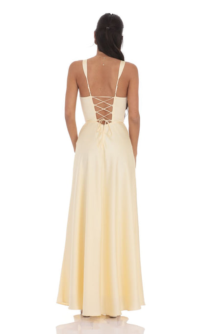Elegant A-Line Deep V-Neck Sleeveless Lace-Up Open-Back Champagne Satin Floor-Length Prom Dresses