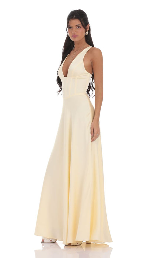 Elegant A-Line Deep V-Neck Sleeveless Lace-Up Open-Back Champagne Satin Floor-Length Prom Dresses