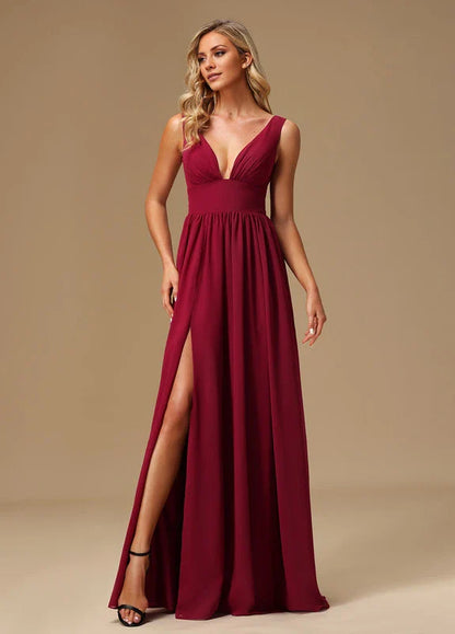 Elegant A-Line Deep V-Neck Sleeveless Ruched High-Slit Chiffon Maxi Evening Dress