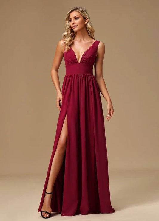 Elegant A-Line Deep V-Neck Sleeveless Ruched High-Slit Chiffon Maxi Evening Dress