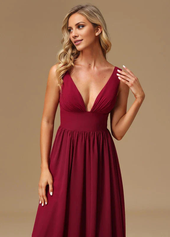 Elegant A-Line Deep V-Neck Sleeveless Ruched High-Slit Chiffon Maxi Evening Dress
