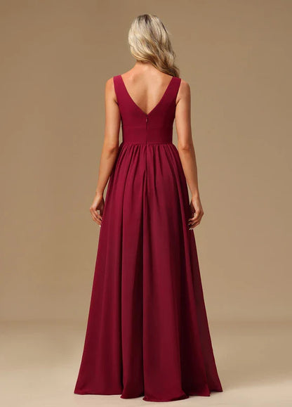 Elegant A-Line Deep V-Neck Sleeveless Ruched High-Slit Chiffon Maxi Evening Dress