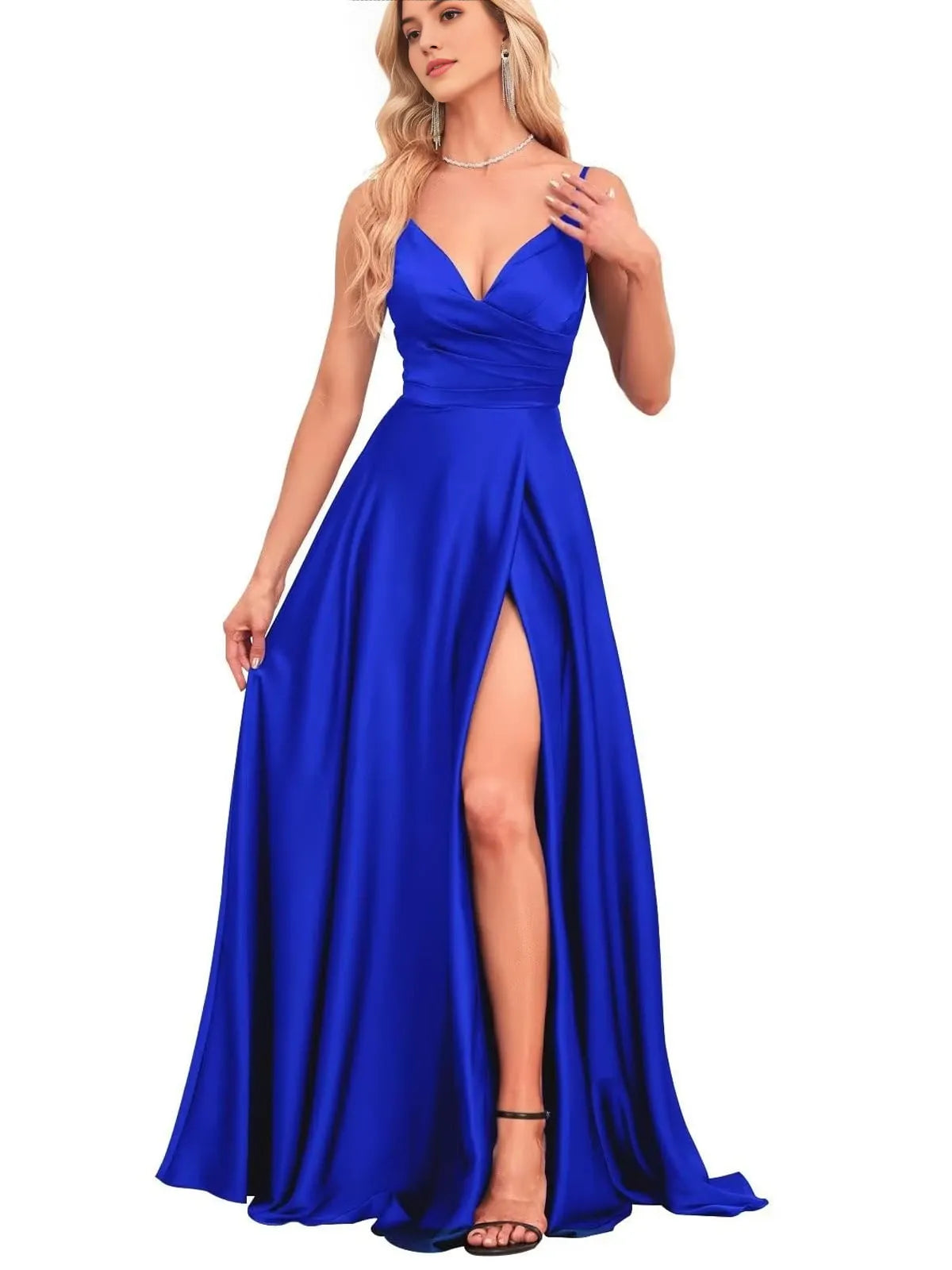 Elegant A-Line Deep V-Neck Sleeveless Ruched Lace-Up Back High-Slit Floor-Length Evening Dress