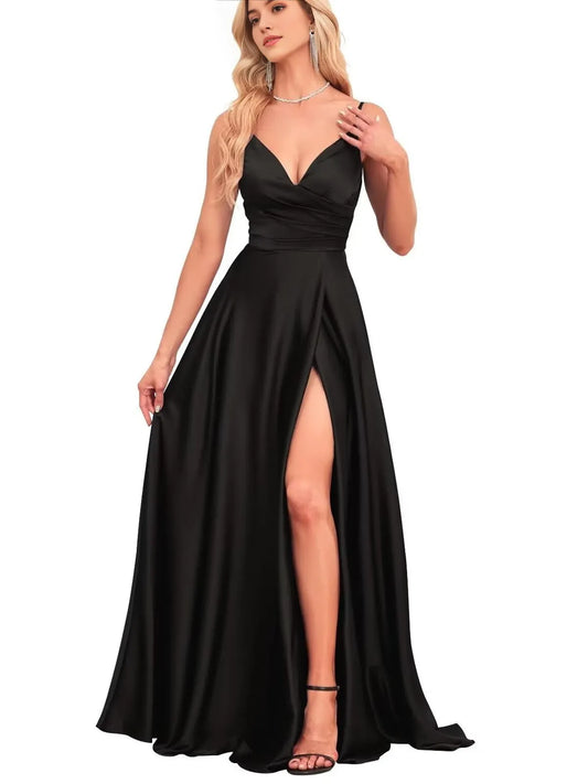 Elegant A-Line Deep V-Neck Sleeveless Ruched Lace-Up Back High-Slit Floor-Length Evening Dress