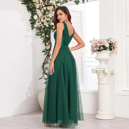 Elegant A-Line Deep V-Neck Sleeveless Sequin-Embellished Waist-Defined Maxi Evening Dress