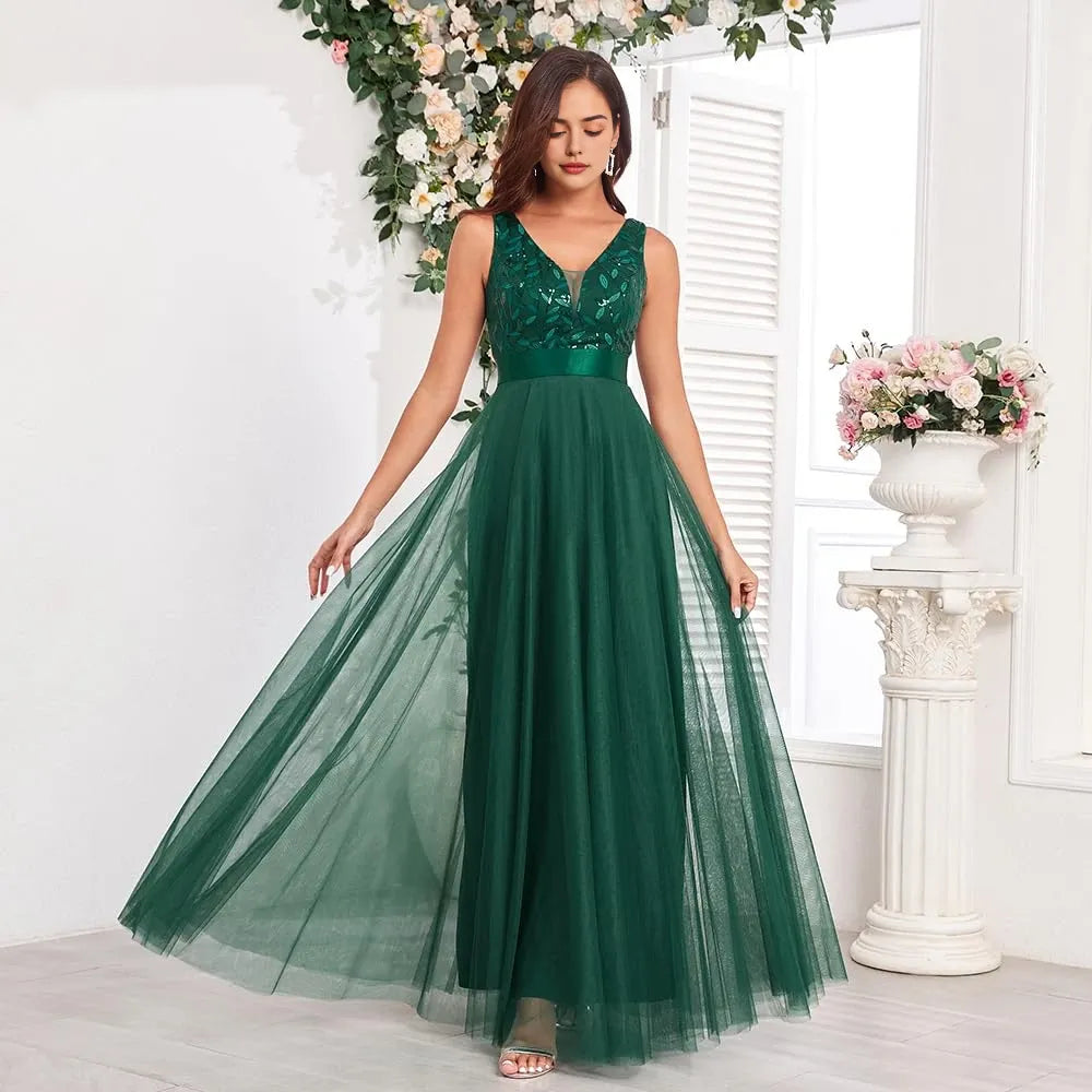Elegant A-Line Deep V-Neck Sleeveless Sequin-Embellished Waist-Defined Maxi Evening Dress