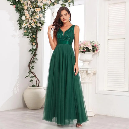 Elegant A-Line Deep V-Neck Sleeveless Sequin-Embellished Waist-Defined Maxi Evening Dress