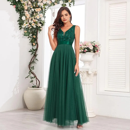 Elegant A-Line Deep V-Neck Sleeveless Sequin-Embellished Waist-Defined Maxi Evening Dress
