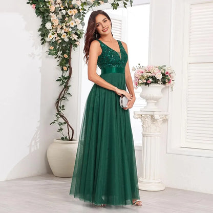 Elegant A-Line Deep V-Neck Sleeveless Sequin-Embellished Waist-Defined Maxi Evening Dress