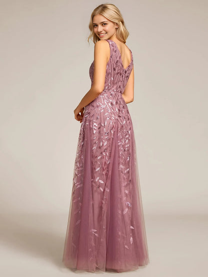 Elegant A-Line Deep V-Neck Sleeveless Sequin Leaf Pattern Maxi Evening Dress