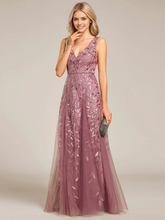Elegant A-Line Deep V-Neck Sleeveless Sequin Leaf Pattern Maxi Evening Dress