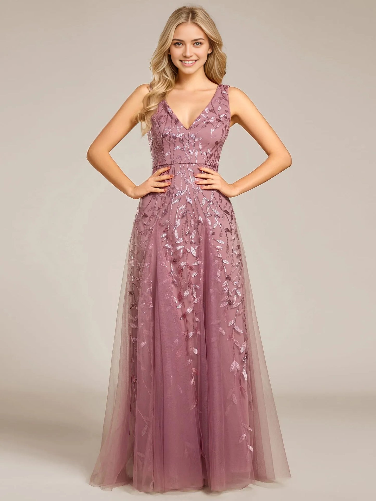 Elegant A-Line Deep V-Neck Sleeveless Sequin Leaf Pattern Maxi Evening Dress