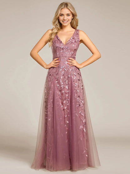 Elegant A-Line Deep V-Neck Sleeveless Sequin Leaf Pattern Maxi Evening Dress