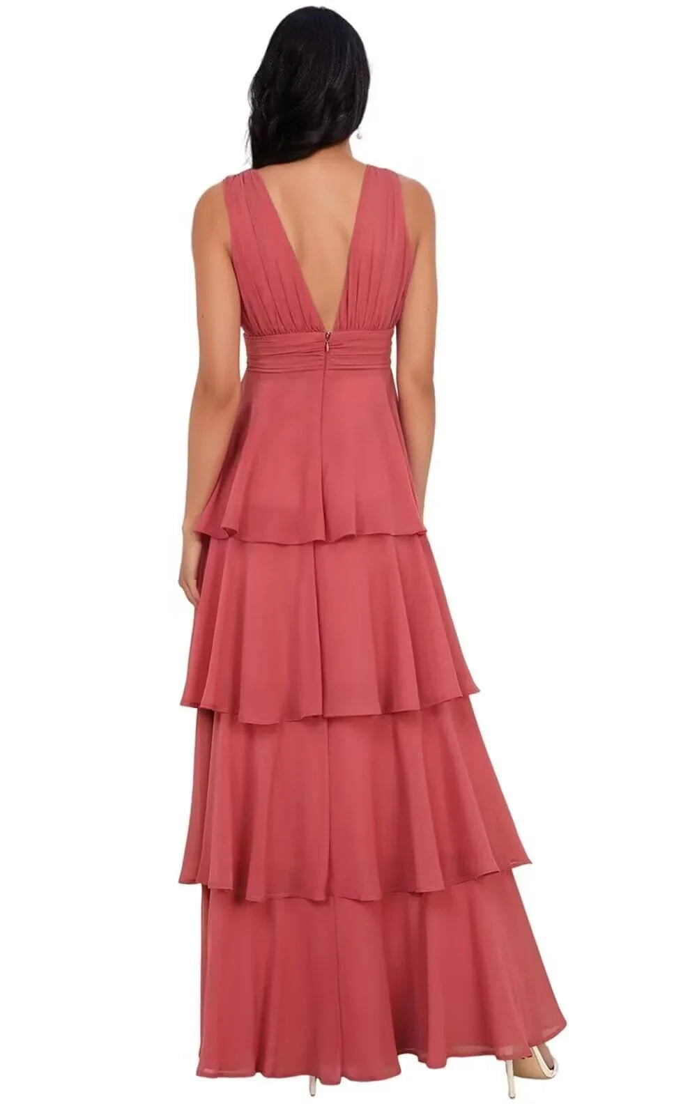 Elegant A-Line Deep V-Neck Sleeveless Tiered Maxi Bridesmaid Dress