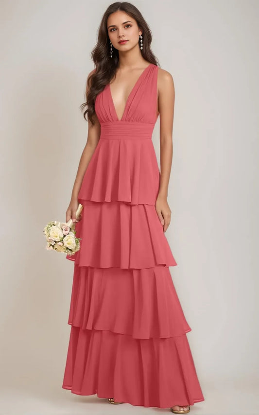 Elegant A-Line Deep V-Neck Sleeveless Tiered Maxi Bridesmaid Dress