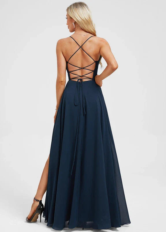Elegant A-Line Deep V-Neck Spaghetti Strap Crisscross Back High-Slit Chiffon Maxi Evening Dress