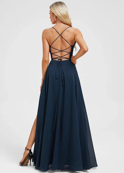 Elegant A-Line Deep V-Neck Spaghetti Strap Crisscross Back High-Slit Chiffon Maxi Evening Dress