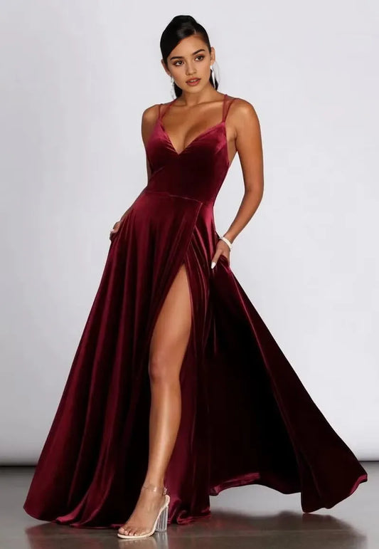 Elegant A-Line Deep V-Neck Spaghetti Strap Crisscross Back High-Slit Maxi Evening Dress