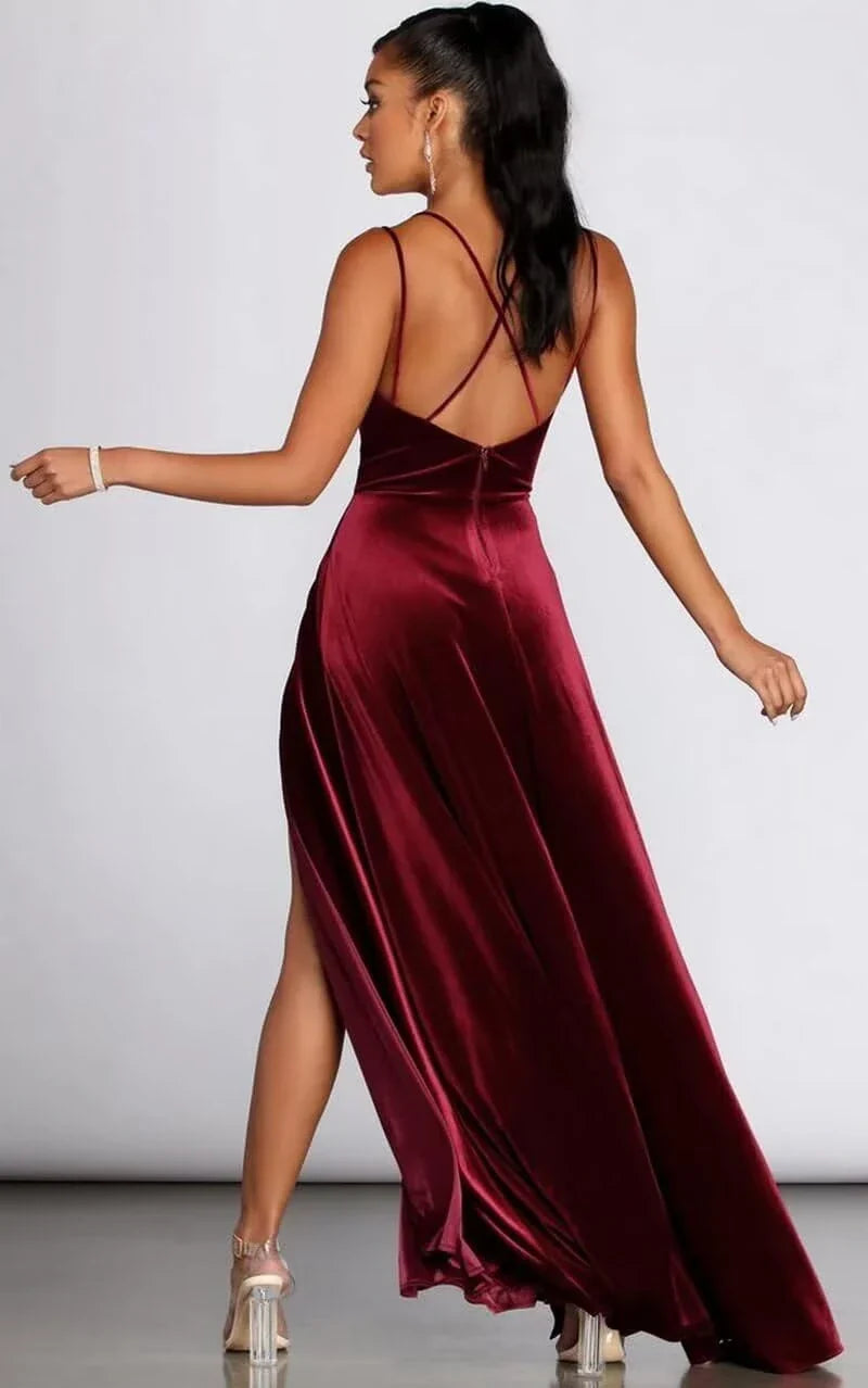 Elegant A-Line Deep V-Neck Spaghetti Strap Crisscross Back High-Slit Maxi Evening Dress
