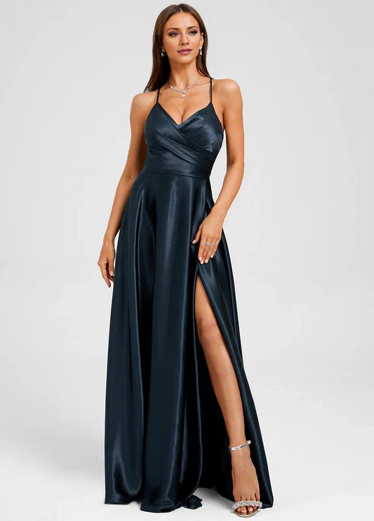 Elegant A-Line Deep V-Neck Spaghetti Strap Crisscross Back High-Slit Satin Maxi Evening Dress