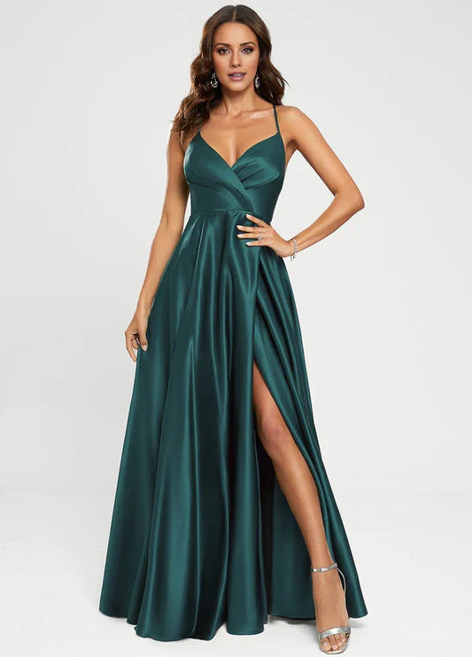 Elegant A-Line Deep V-Neck Spaghetti Strap Crisscross Back High-Slit Satin Maxi Evening Dress