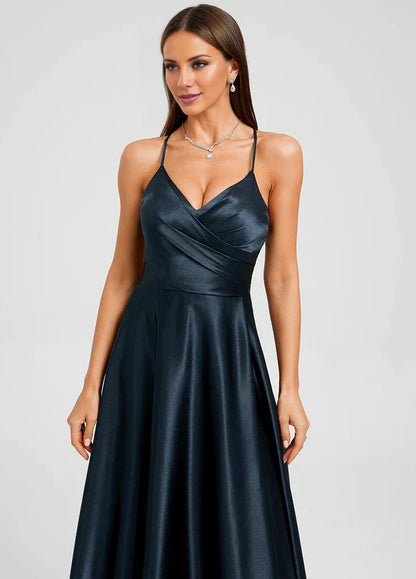 Elegant A-Line Deep V-Neck Spaghetti Strap Crisscross Back High-Slit Satin Maxi Evening Dress