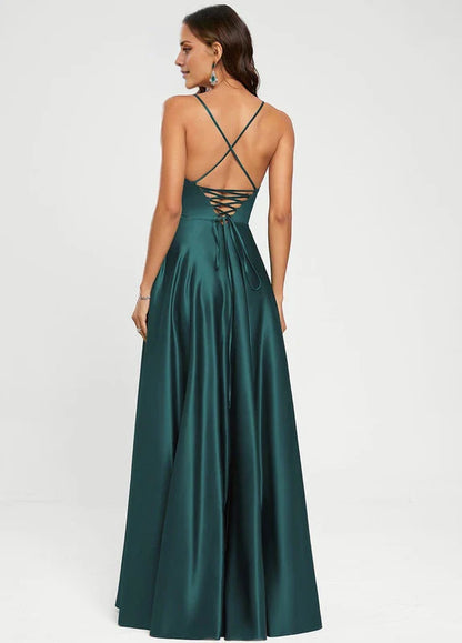 Elegant A-Line Deep V-Neck Spaghetti Strap Crisscross Back High-Slit Satin Maxi Evening Dress