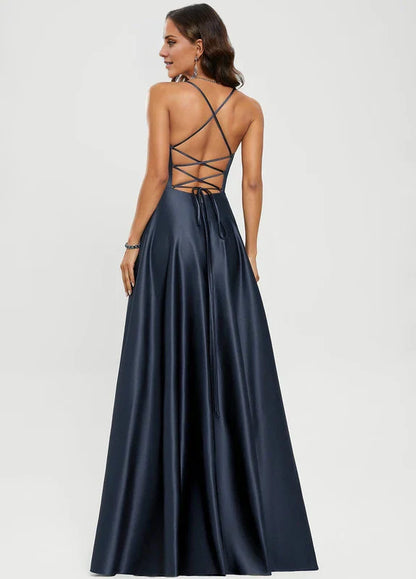 Elegant A-Line Deep V-Neck Spaghetti Strap Crisscross Back High-Slit Satin Maxi Evening Dress