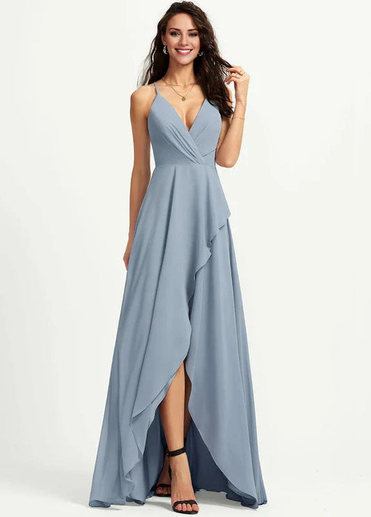 Elegant A-Line Deep V-Neck Spaghetti Strap Crisscross Back Ruffle High-Slit Maxi Evening Dress
