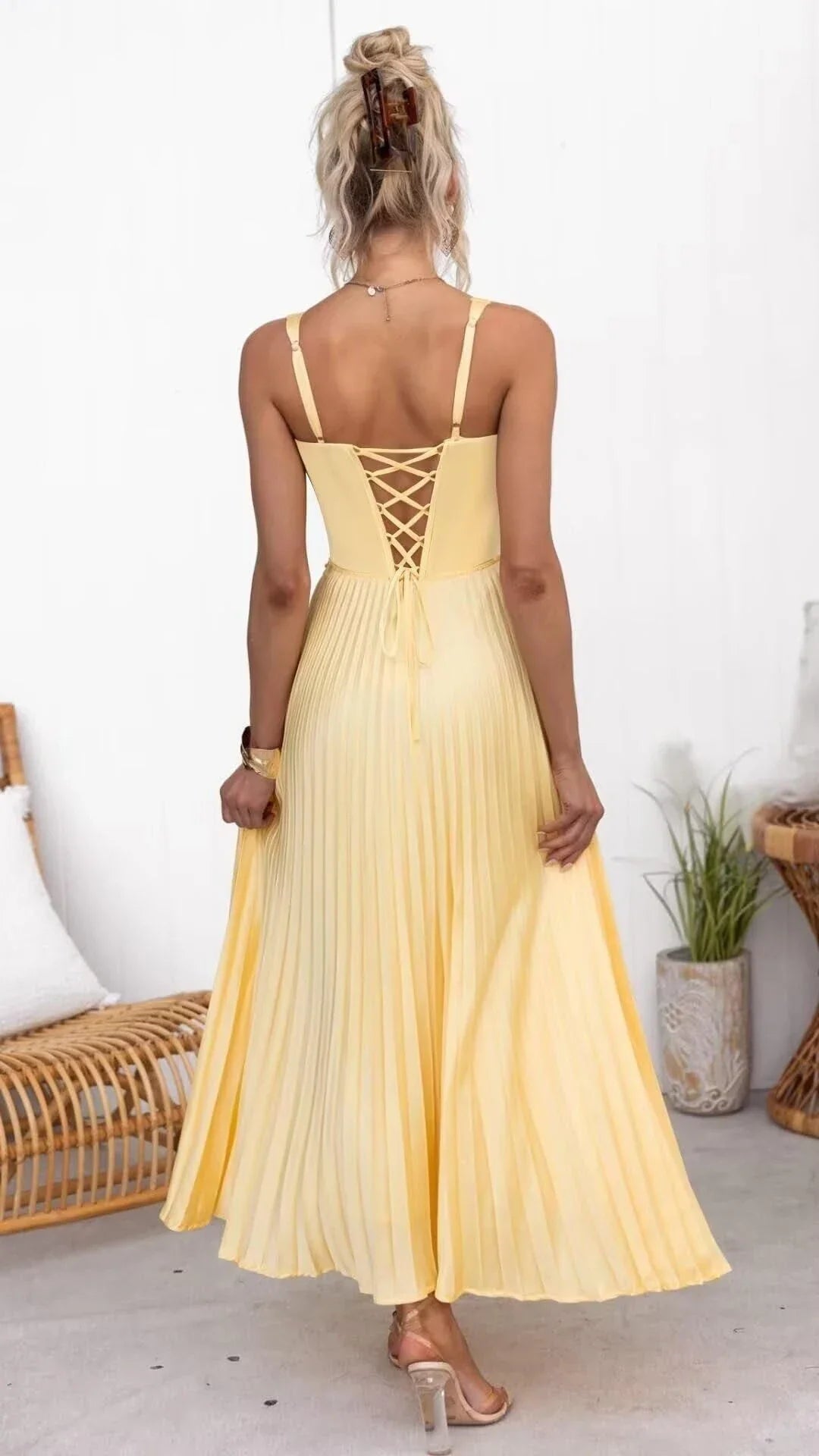 Elegant A-Line Deep V-Neck Spaghetti Strap Pleated Crisscross Back Maxi Evening Dress