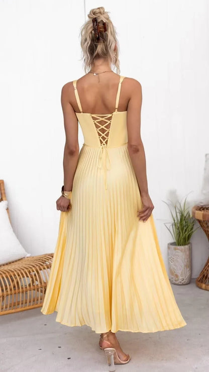 Elegant A-Line Deep V-Neck Spaghetti Strap Pleated Crisscross Back Maxi Evening Dress