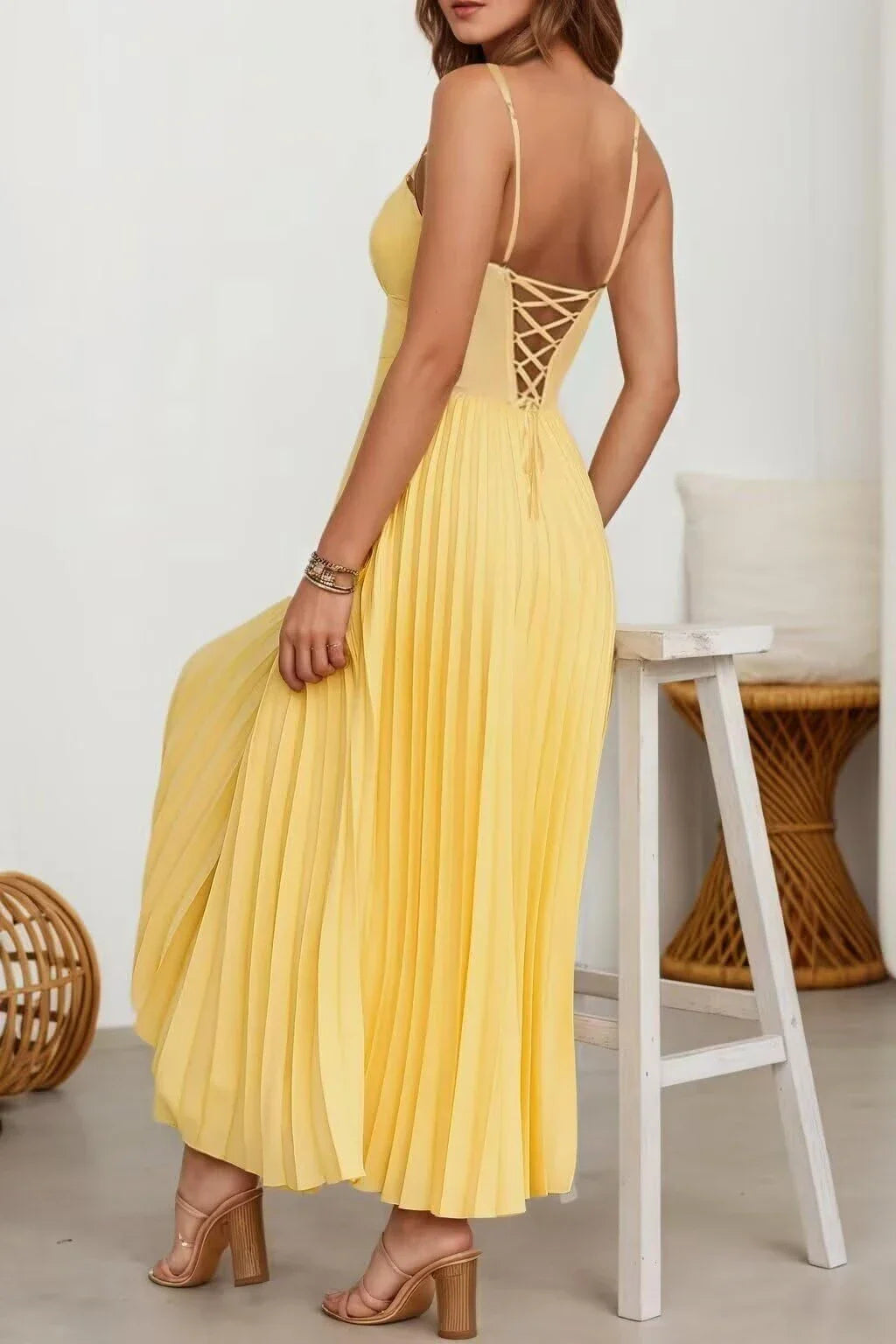 Elegant A-Line Deep V-Neck Spaghetti Strap Pleated Crisscross Back Maxi Evening Dress