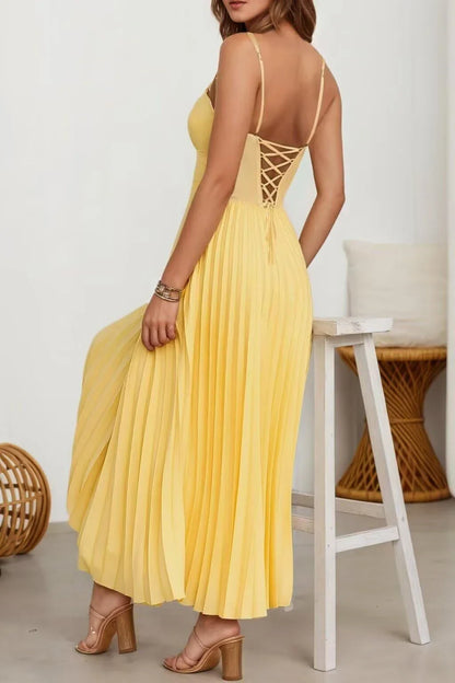 Elegant A-Line Deep V-Neck Spaghetti Strap Pleated Crisscross Back Maxi Evening Dress