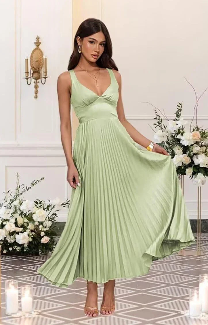 Elegant A-Line Deep V-Neck Spaghetti Strap Pleated Crisscross Back Maxi Evening Dress
