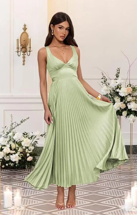 Elegant A-Line Deep V-Neck Spaghetti Strap Pleated Crisscross Back Maxi Evening Dress