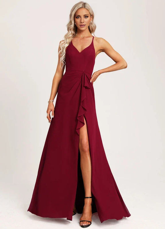 Elegant A-Line Deep V-Neck Spaghetti Strap Ruffle High-Slit Chiffon Maxi Evening Dress with Crisscross Back
