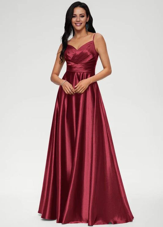 Elegant A-Line Deep V-Neck Spaghetti Strap Satin Maxi Evening Dress