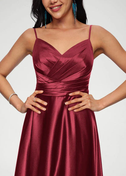 Elegant A-Line Deep V-Neck Spaghetti Strap Satin Maxi Evening Dress