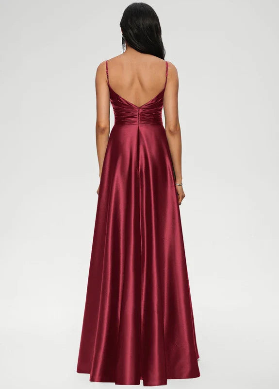 Elegant A-Line Deep V-Neck Spaghetti Strap Satin Maxi Evening Dress