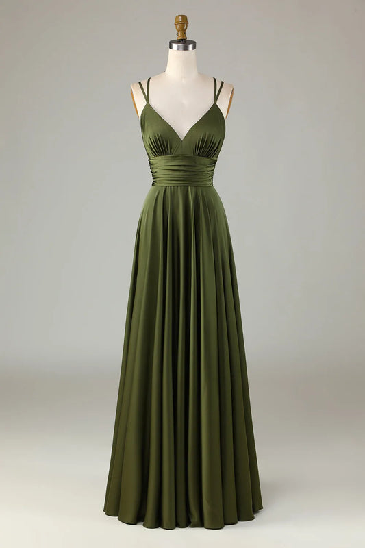 Elegant A-Line Double Spaghetti Strap V-Neck Ruched Satin Maxi Dress With Crisscross Back