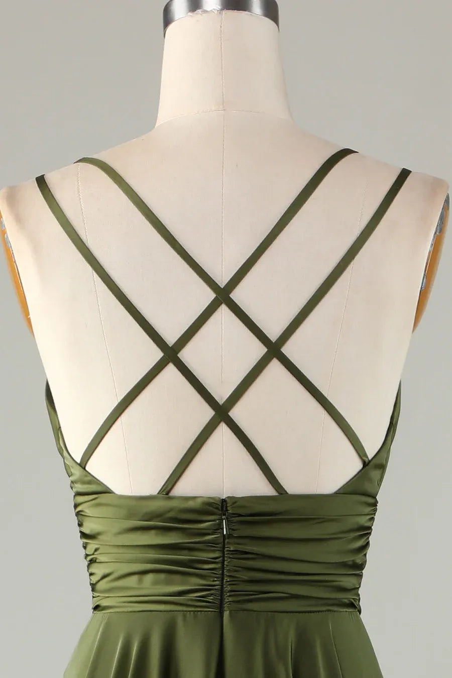 Elegant A-Line Double Spaghetti Strap V-Neck Ruched Satin Maxi Dress With Crisscross Back