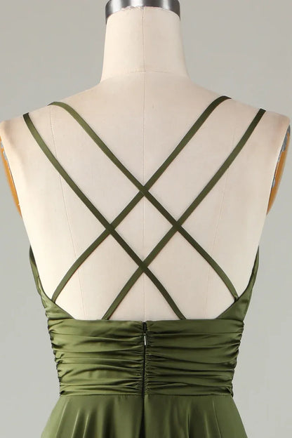 Elegant A-Line Double Spaghetti Strap V-Neck Ruched Satin Maxi Dress With Crisscross Back