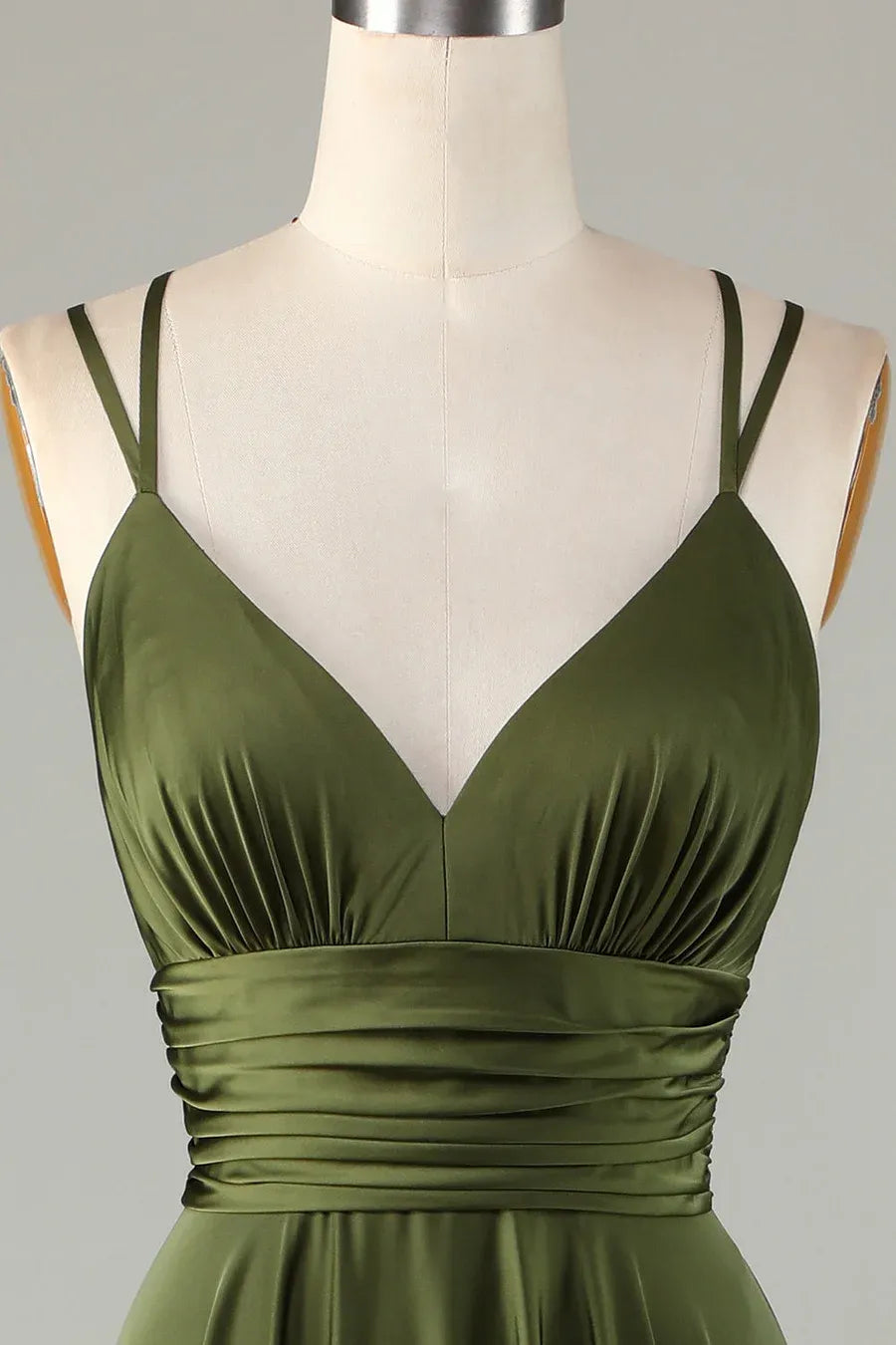 Elegant A-Line Double Spaghetti Strap V-Neck Ruched Satin Maxi Dress With Crisscross Back