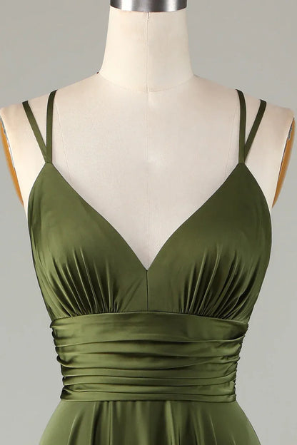 Elegant A-Line Double Spaghetti Strap V-Neck Ruched Satin Maxi Dress With Crisscross Back