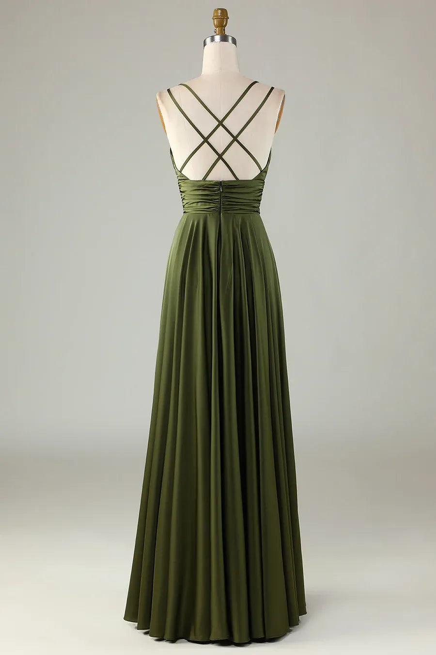 Elegant A-Line Double Spaghetti Strap V-Neck Ruched Satin Maxi Dress With Crisscross Back