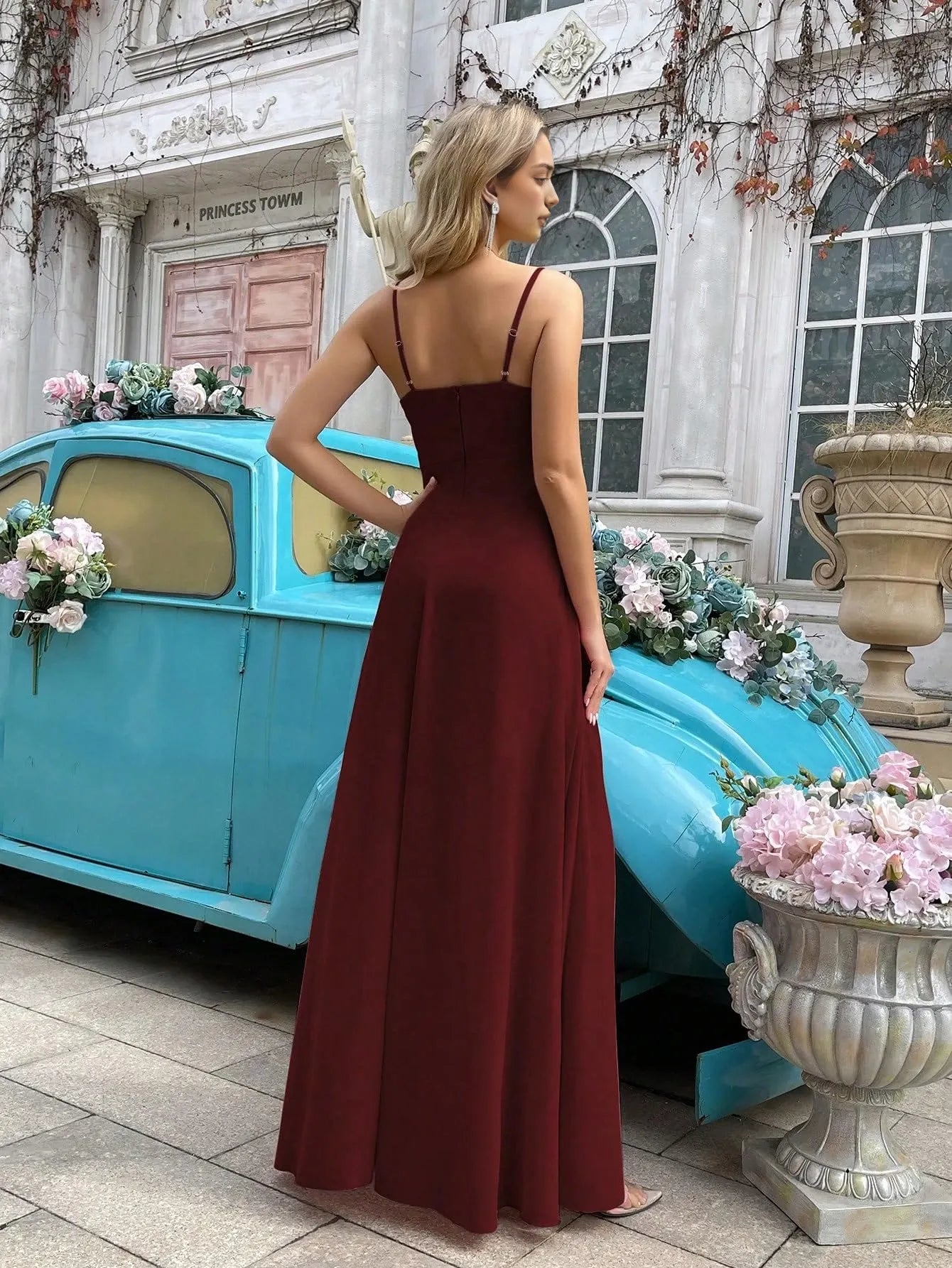 Elegant A-Line Draped Neck Spaghetti Strap Sleeveless Zip Back Maxi Evening Dress