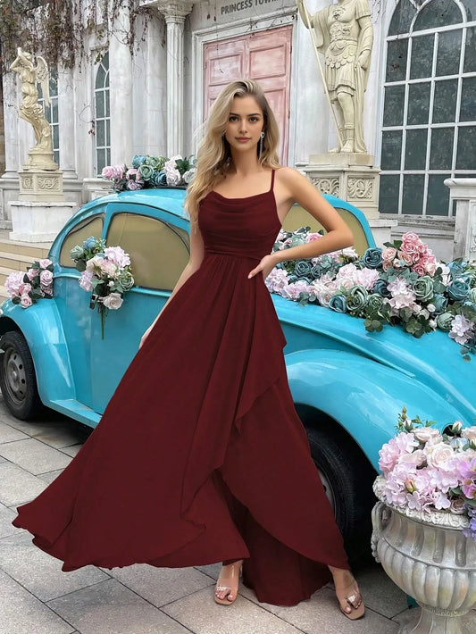 Elegant A-Line Draped Neck Spaghetti Strap Sleeveless Zip Back Maxi Evening Dress