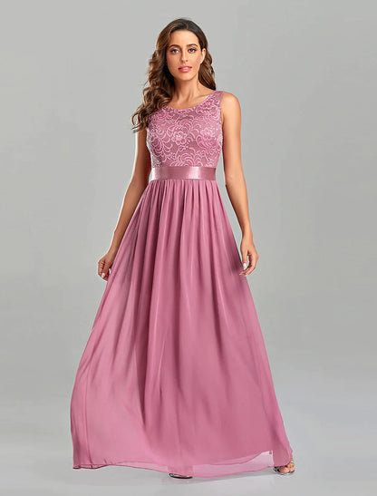 Side view of the floor-length A-Line Empire Evening Gown in chiffon.