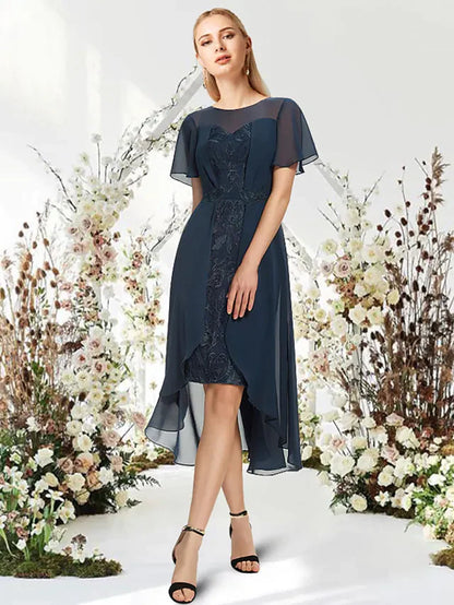 Front view of the A-Line Empire dress, showcasing the jewel neck and short sleeves.