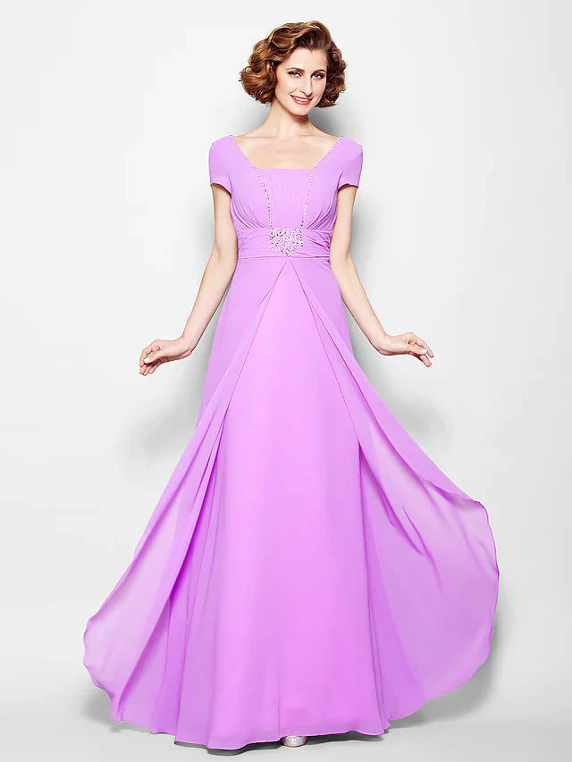 Full view of the A-line mother of the bride dress with lace-up square neck and short sleeves.